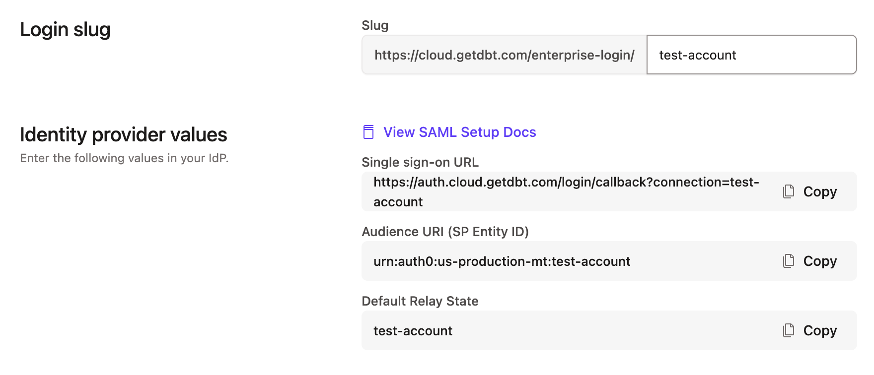 Example of the identity provider values for a SAML 2.0 provider