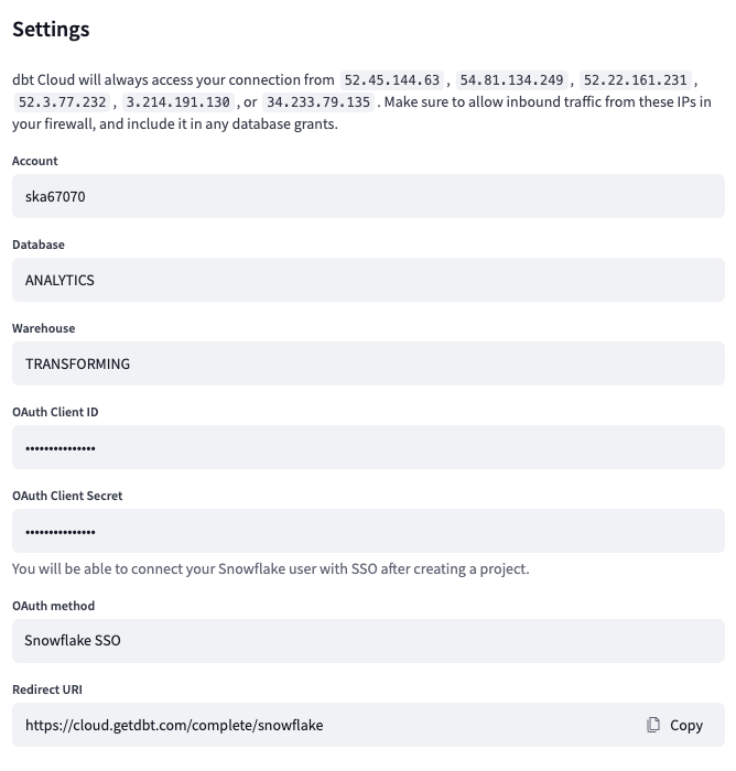 Configuring Snowflake OAuth credentials in dbt