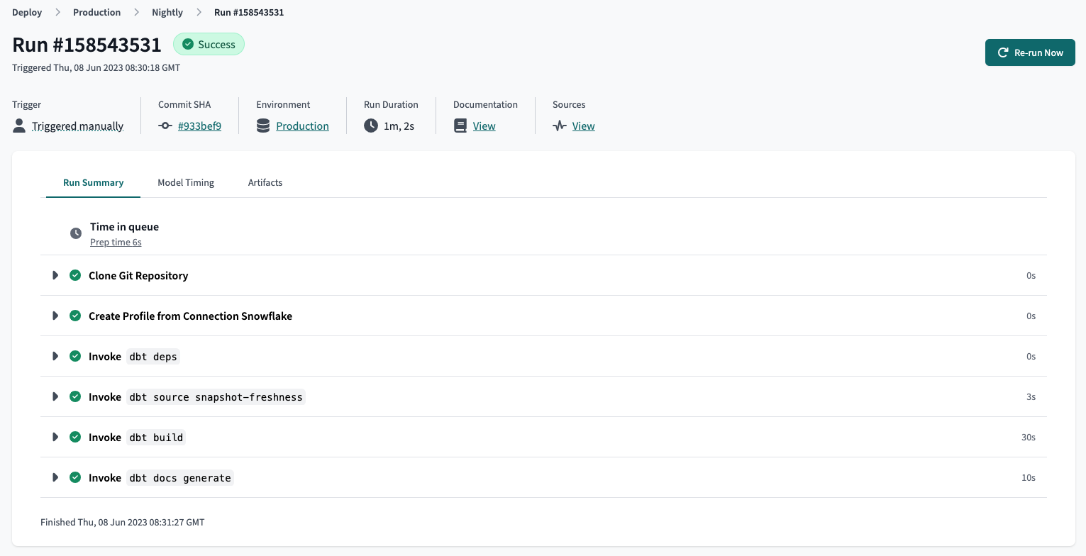 Overview of a dbt job run, which includes the job run details, trigger type, commit SHA, environment name, detailed run steps, logs, and more.