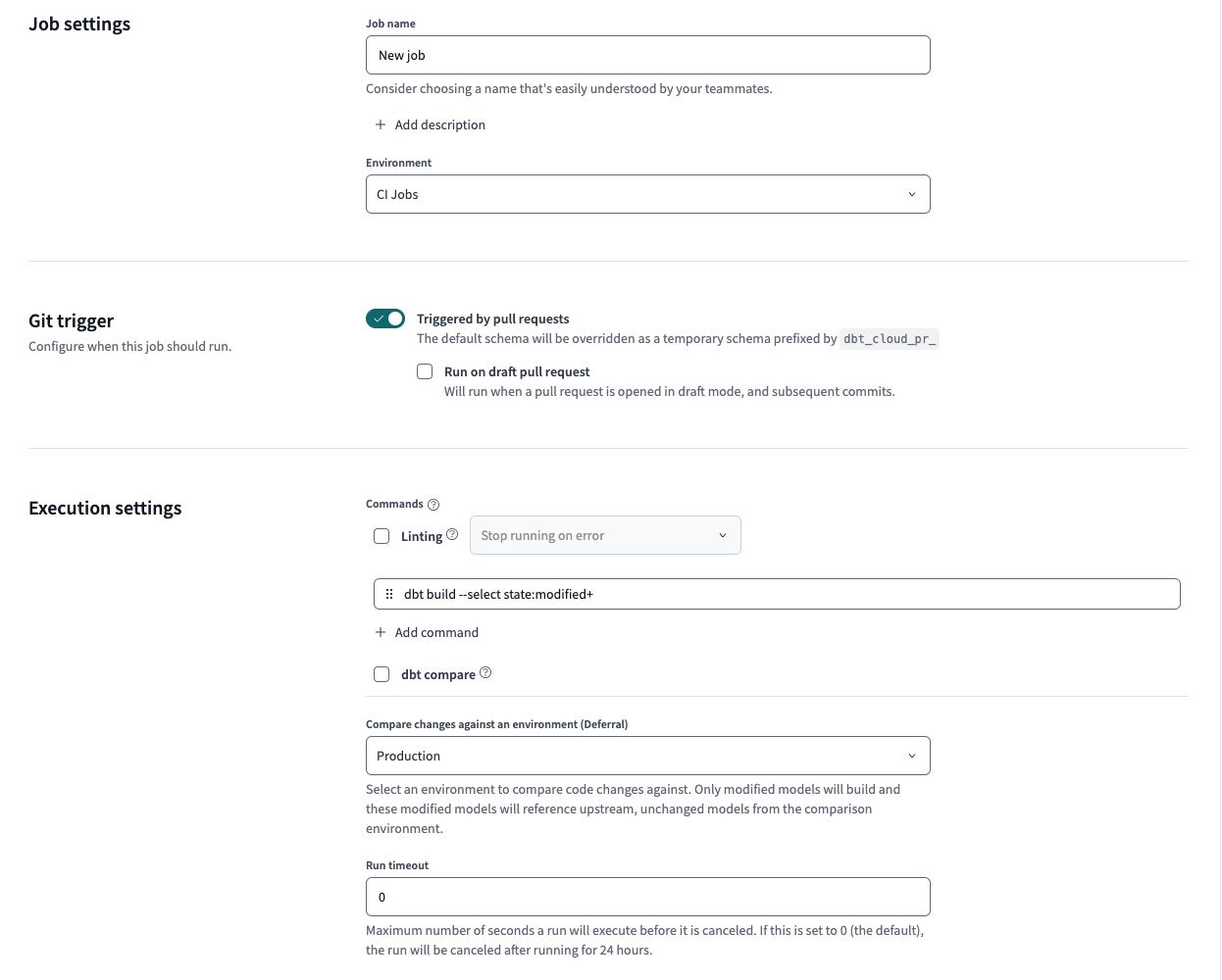 Example of CI Job page in the dbt UI