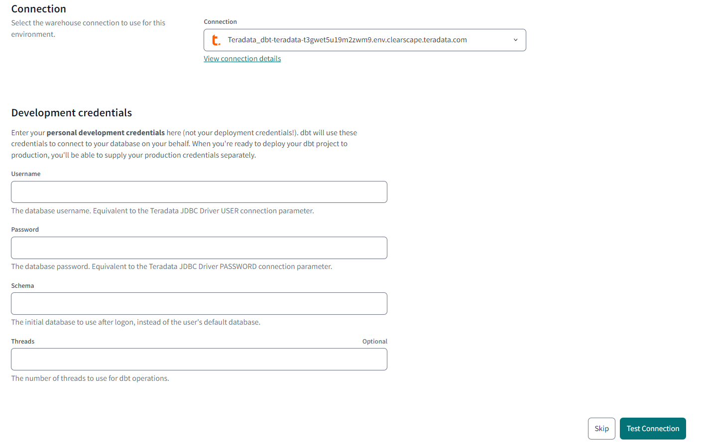 dbt - Teradata Development Credentials